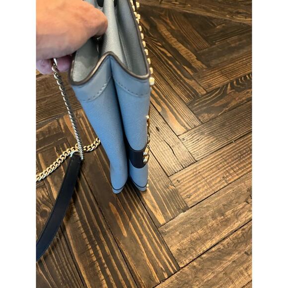 Michael Kors Whitney Blue Leather Two Tone Crossbody Purse Leather Gold Chain - Picture 15 of 15